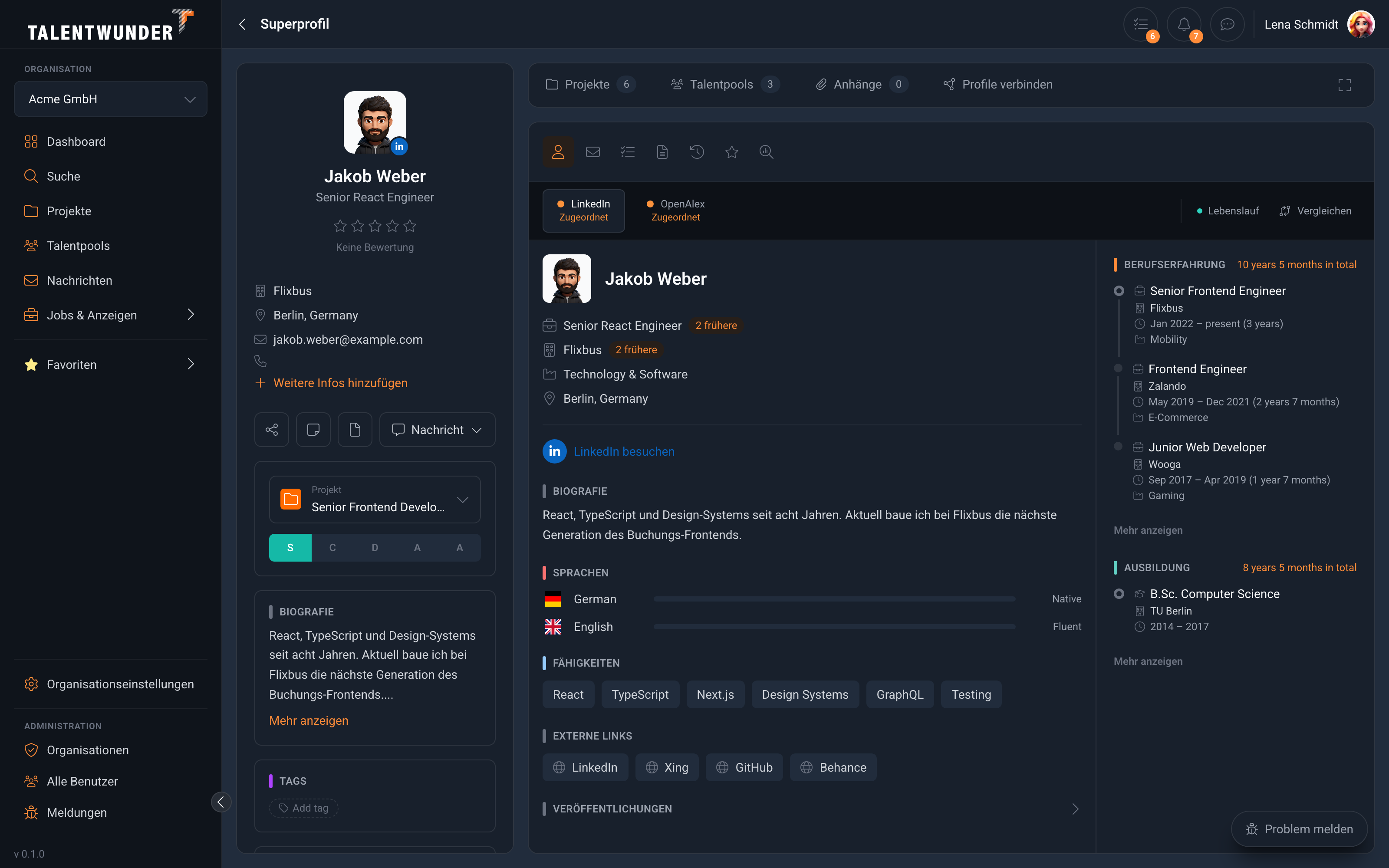 Talentwunder Super-Profil mit Tech Stack, Signalen und Kontaktwegen.