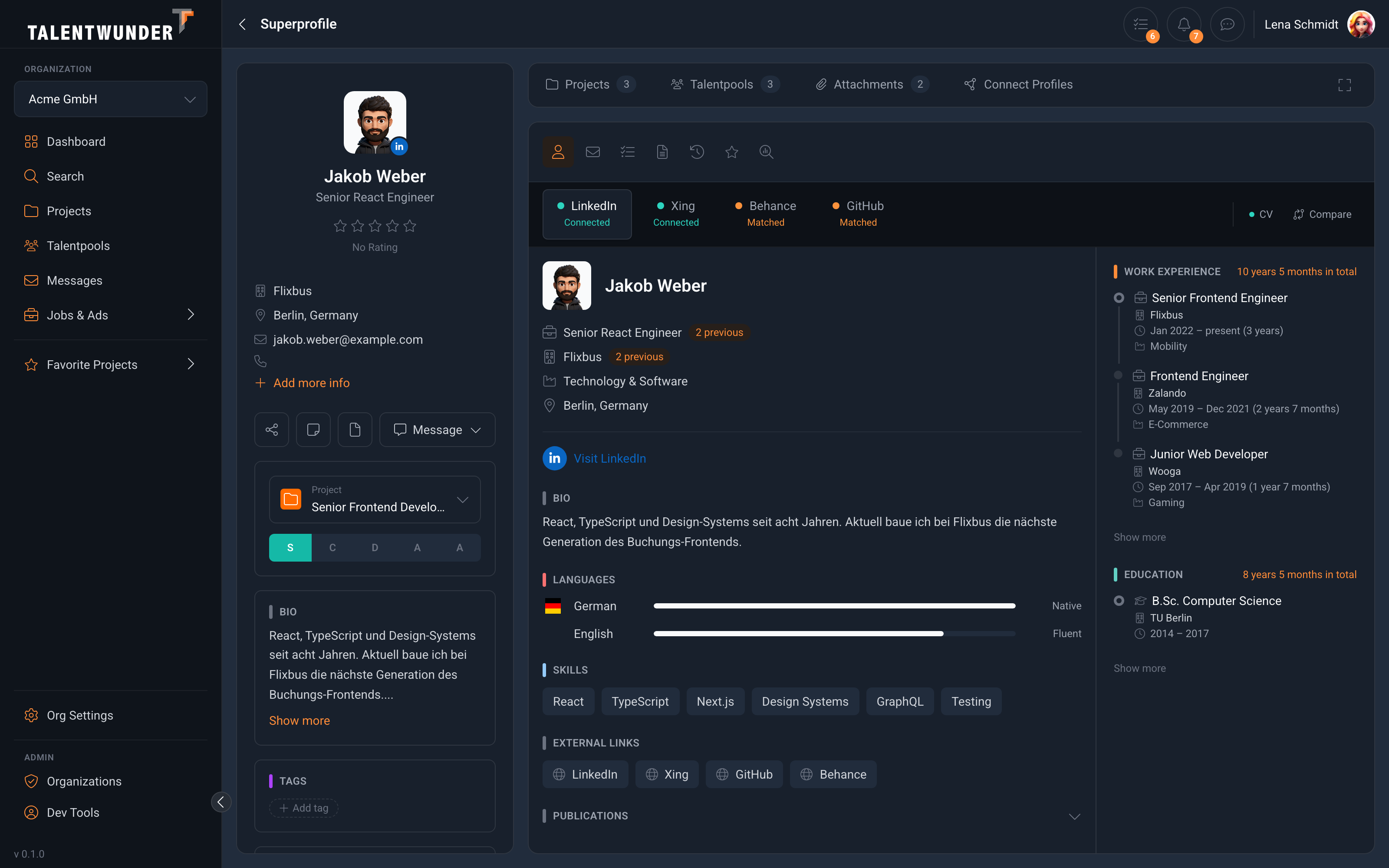 Talentwunder Super Profile with tech stack, signals, and contact channels.